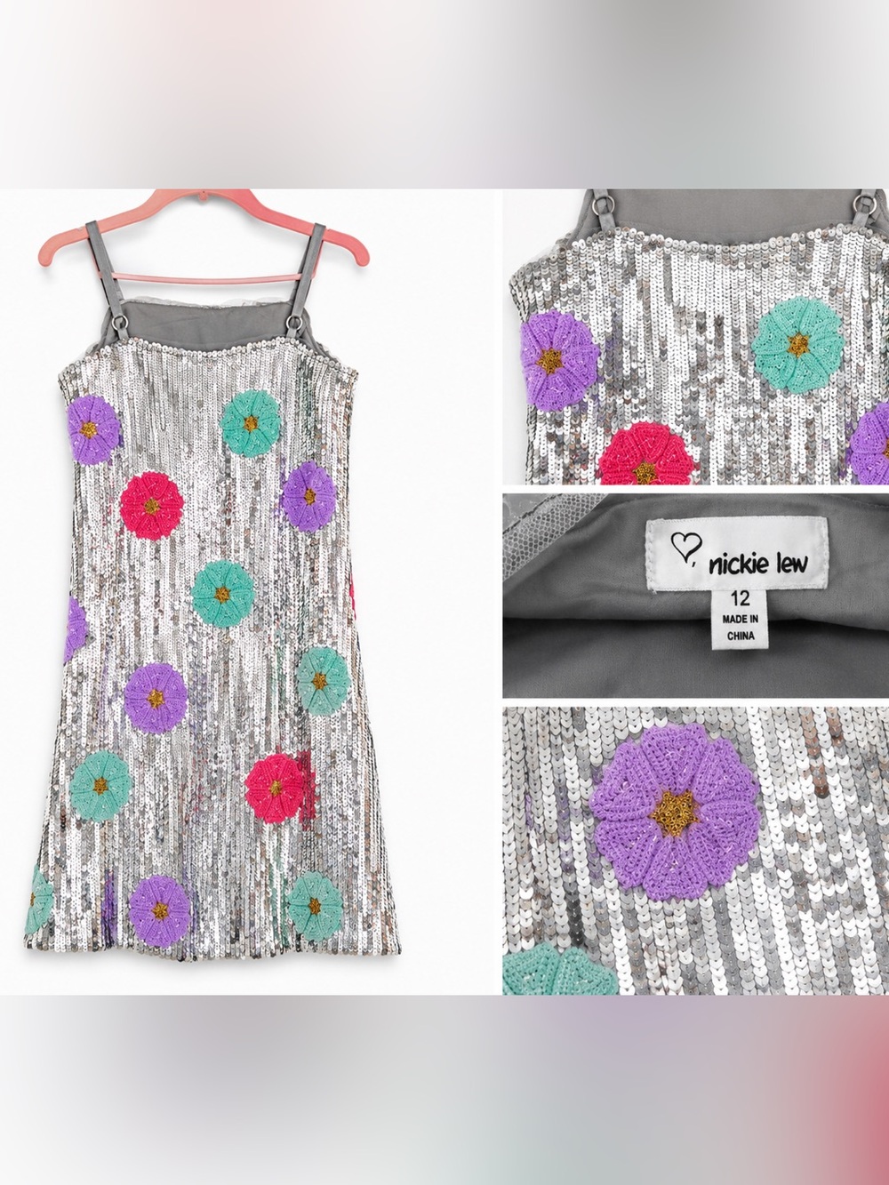 Girls Silver Sequin Floral Slip Dress with Colorful Embroidered Flowers